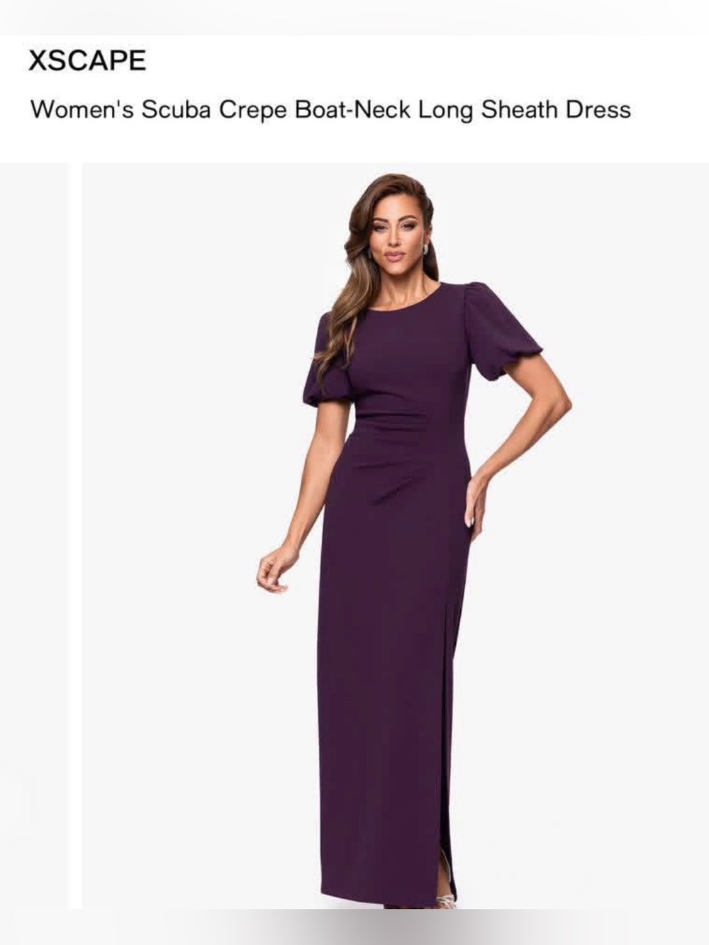 Xscape Purple Puff-Sleeve Boat-Neck Maxi Dress